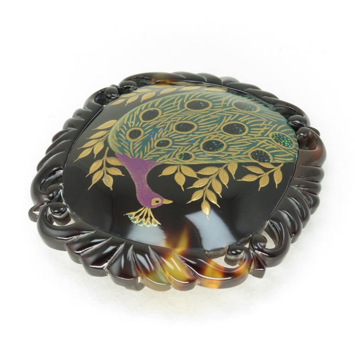鼈甲 ブローチ 螺鈿蒔絵 孔雀 ペンダント兼用 K18金具 べっ甲 本鼈甲