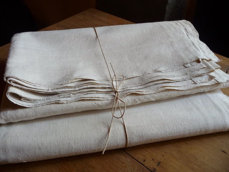 フランス アンティークリネン 手織りのシャンブル シーツ AA （日本