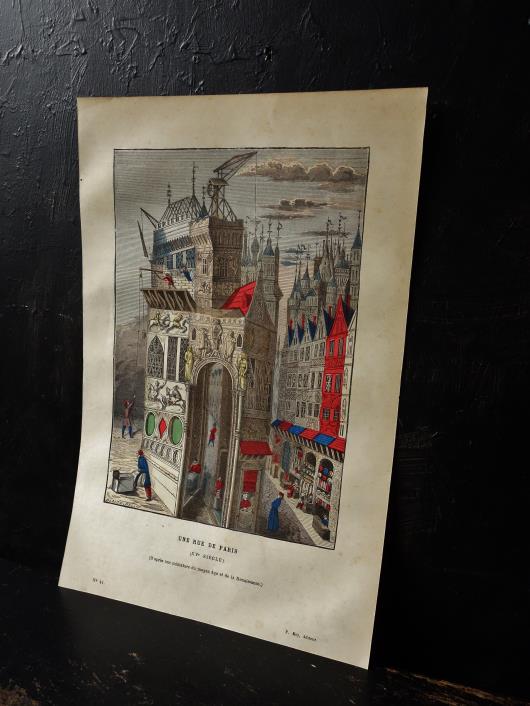 フランスアンティーク 1800年代の色刷り木版画 15世紀のパリ
