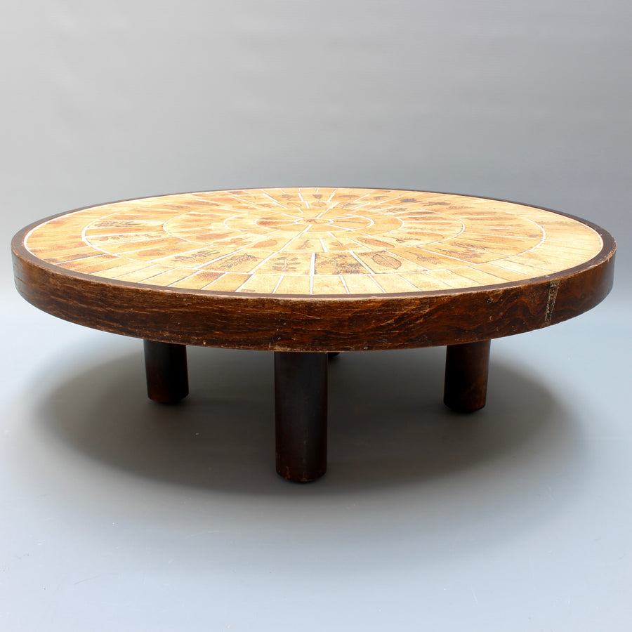 Vintage French Round Tiled Coffee Table by Roger Capron (circa