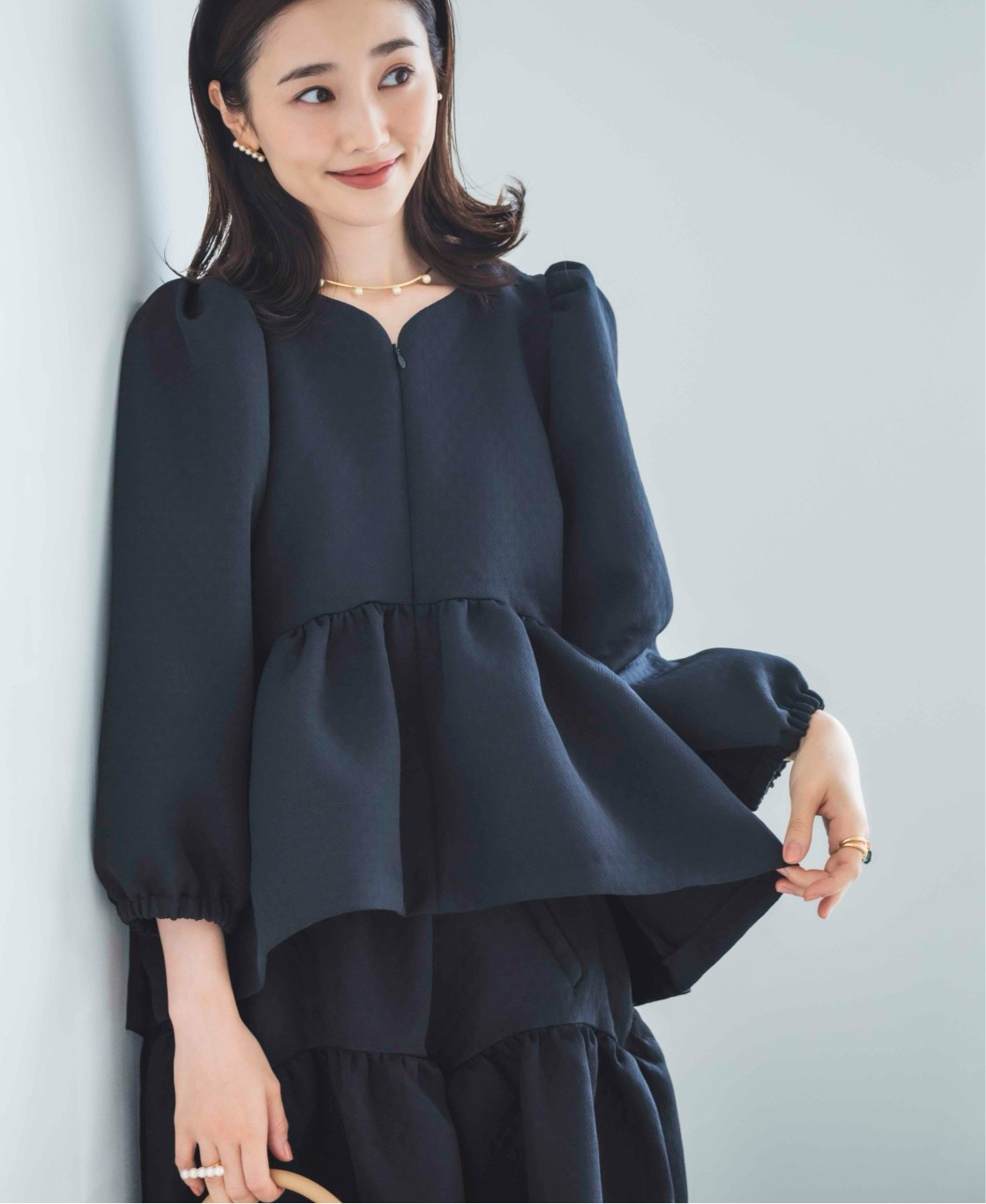 ハートカッティング キルティング長袖トップス（ブラック）【お上品な