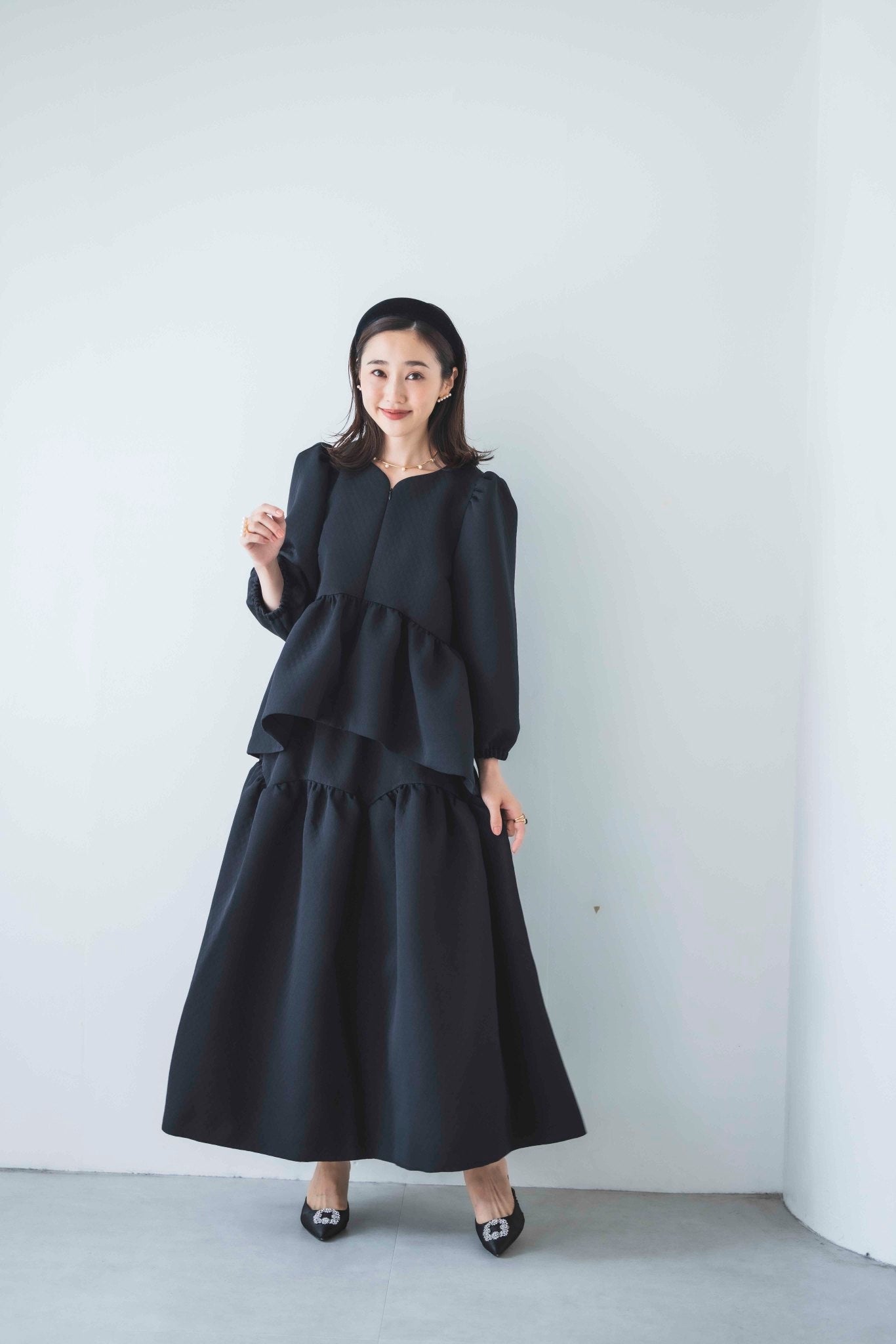 ハートカッティング キルティング長袖トップス（ブラック）【お上品な