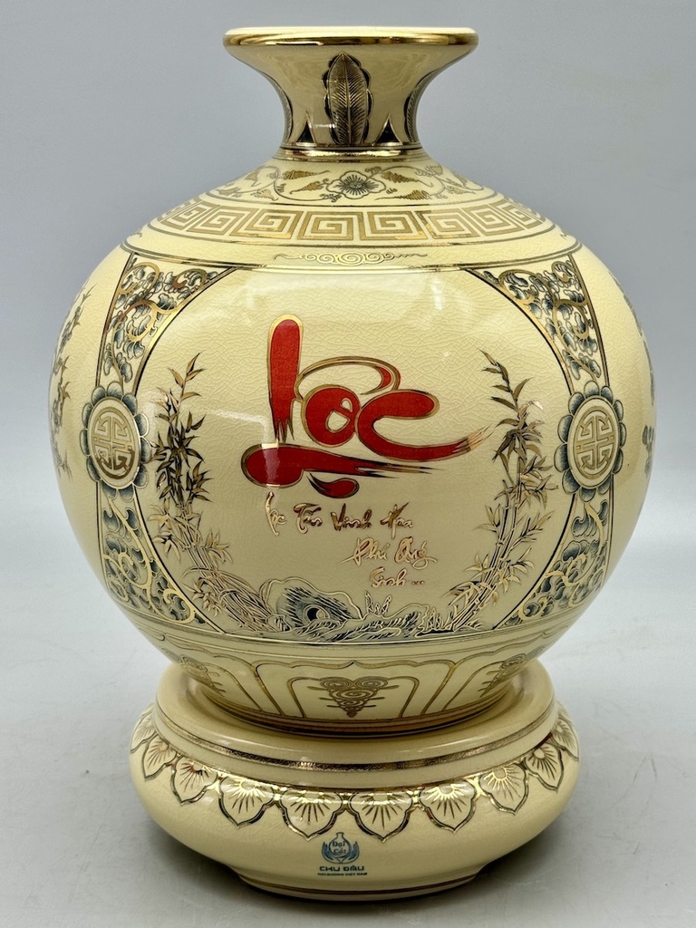 Bình Tích Lộc Tứ Cảnh Chữ Lộc H30 Gốm Chu Đậu Hải Dương Vẽ Vàng