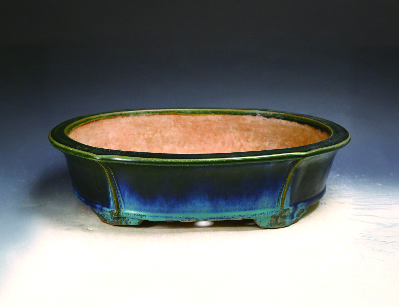 中国宜興 緑釉窯変結晶切立切足楕円水盤 発色抜群 落款 盆栽鉢 中国