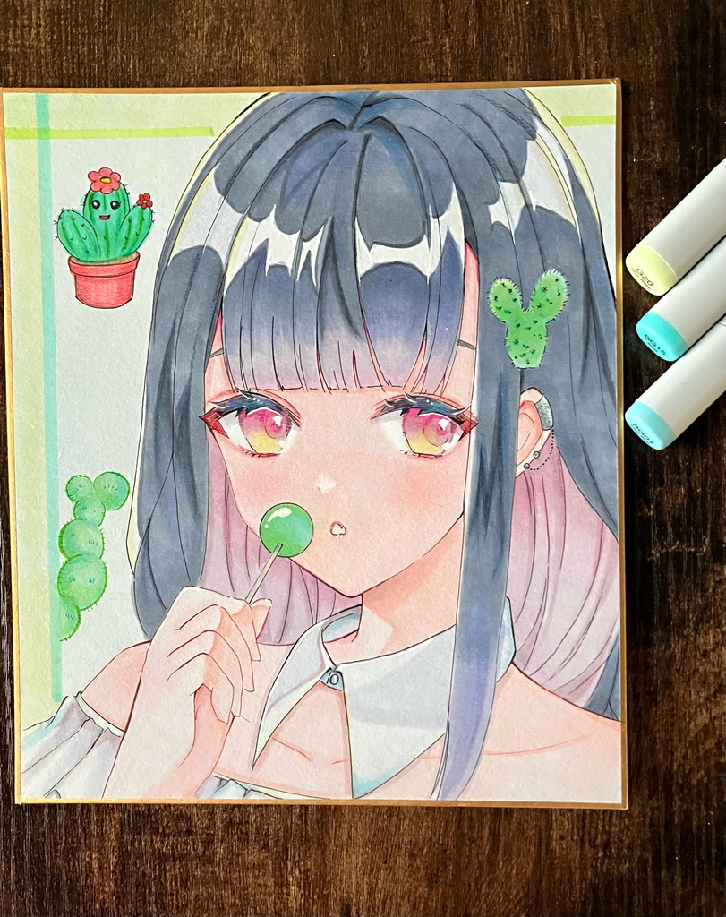 手描きアナログ色紙一点物 コピック色紙 tikutikuちゃん 原画販売