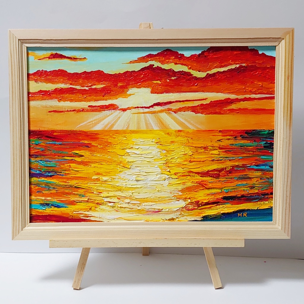 油絵 菅家令子 絵 絵画 インテリア 額付(黒)F4-072212 風景 夕朝陽