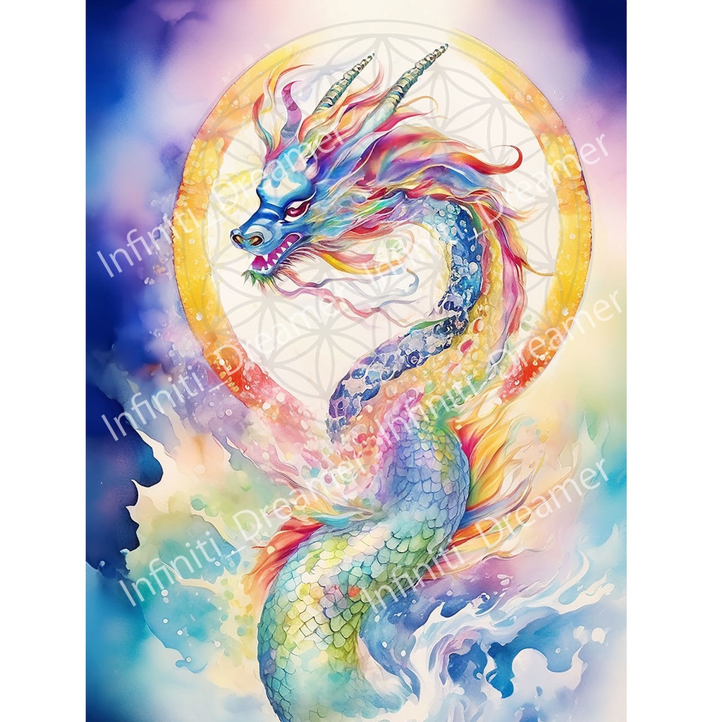 神聖幾何学を埋め込んだお守り 虹龍 龍神 龍 の水彩画 スピリチュアル