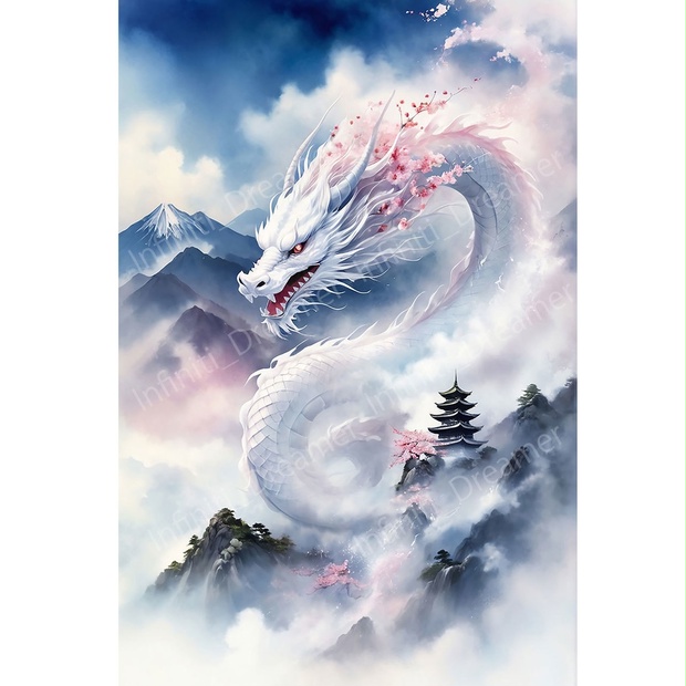 山神 桜 白龍 龍神 龍 の開運 スピリチュアル 水彩画 イラスト アート