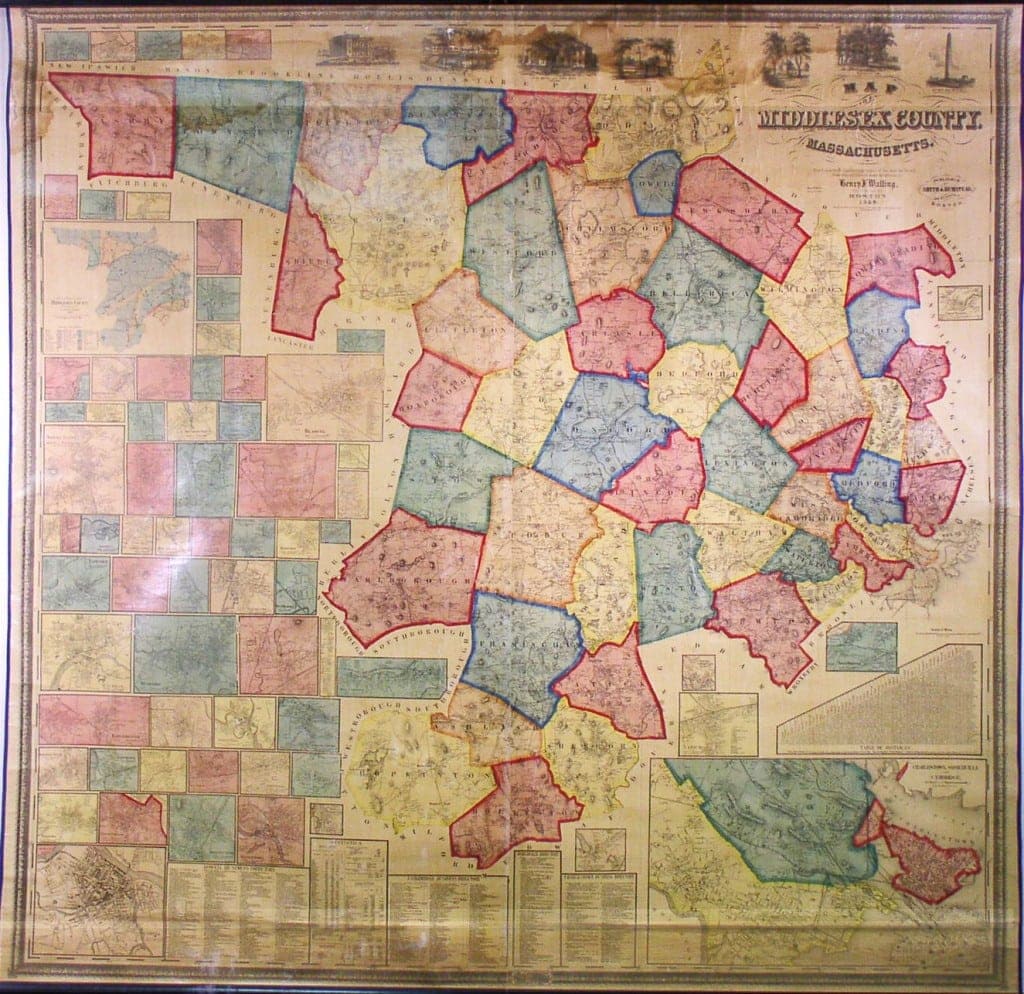 Spectacular H. F. Walling map of Middlesex County, Mass. - Rare