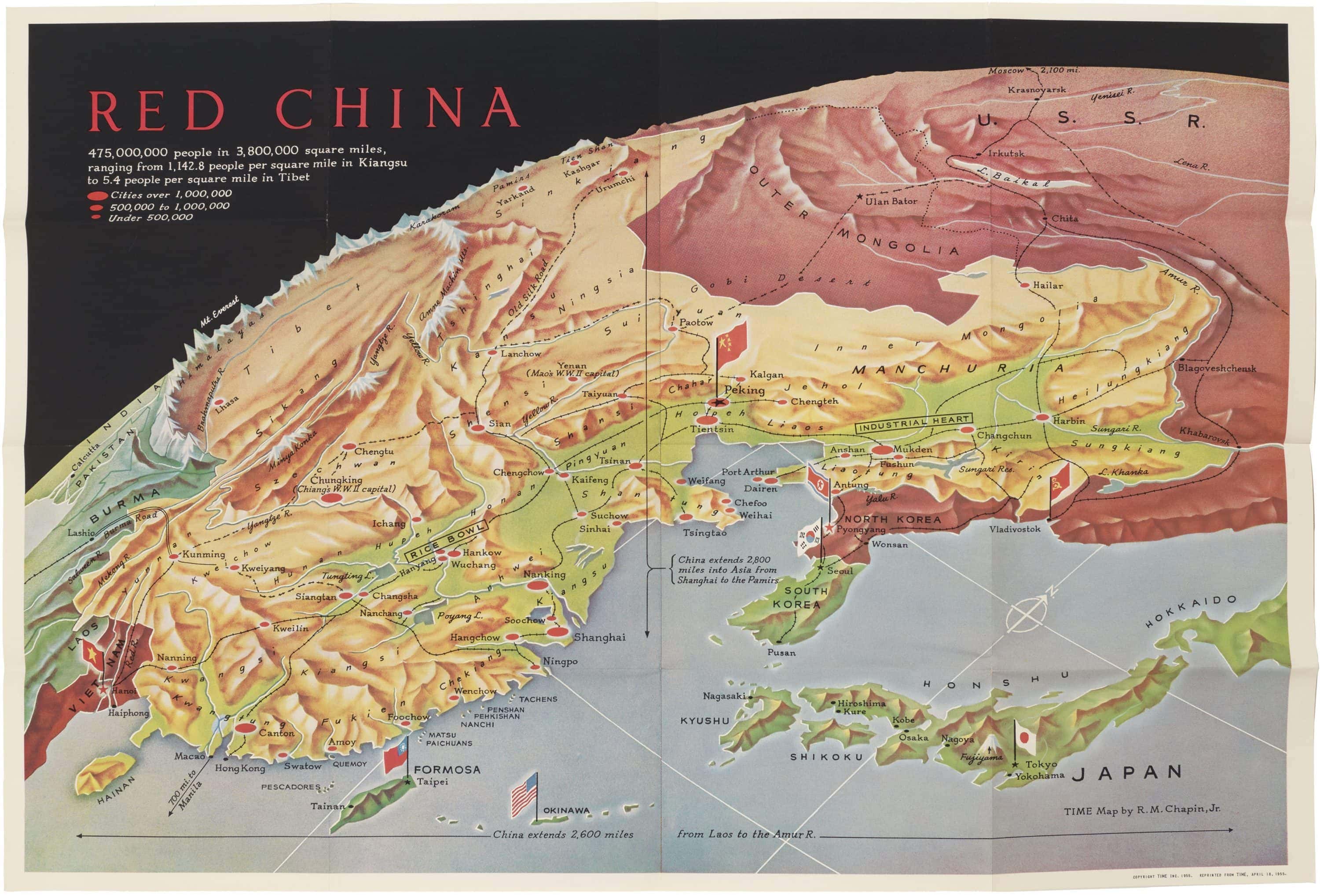 Striking TIME map of Red China by Robert M. Chapin - Rare