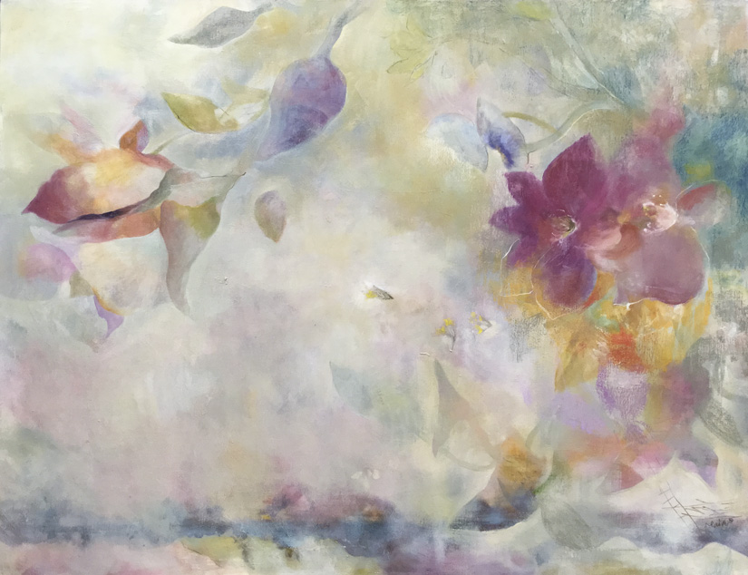 油絵水辺を駆ける馬群