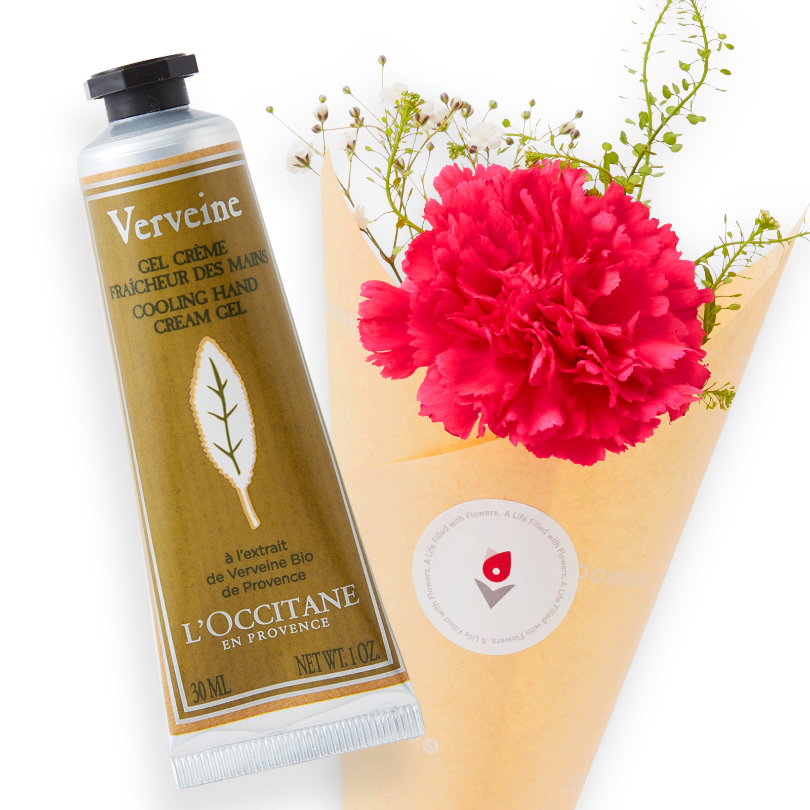 ロクシタン ヴァーベナアイスハンドクリーム と 季節のお花ブーケ(3本