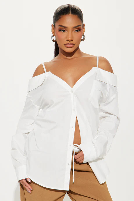 Long Sleeves Off Shoulder White Button Up Top – Blacque Onyx Apparel