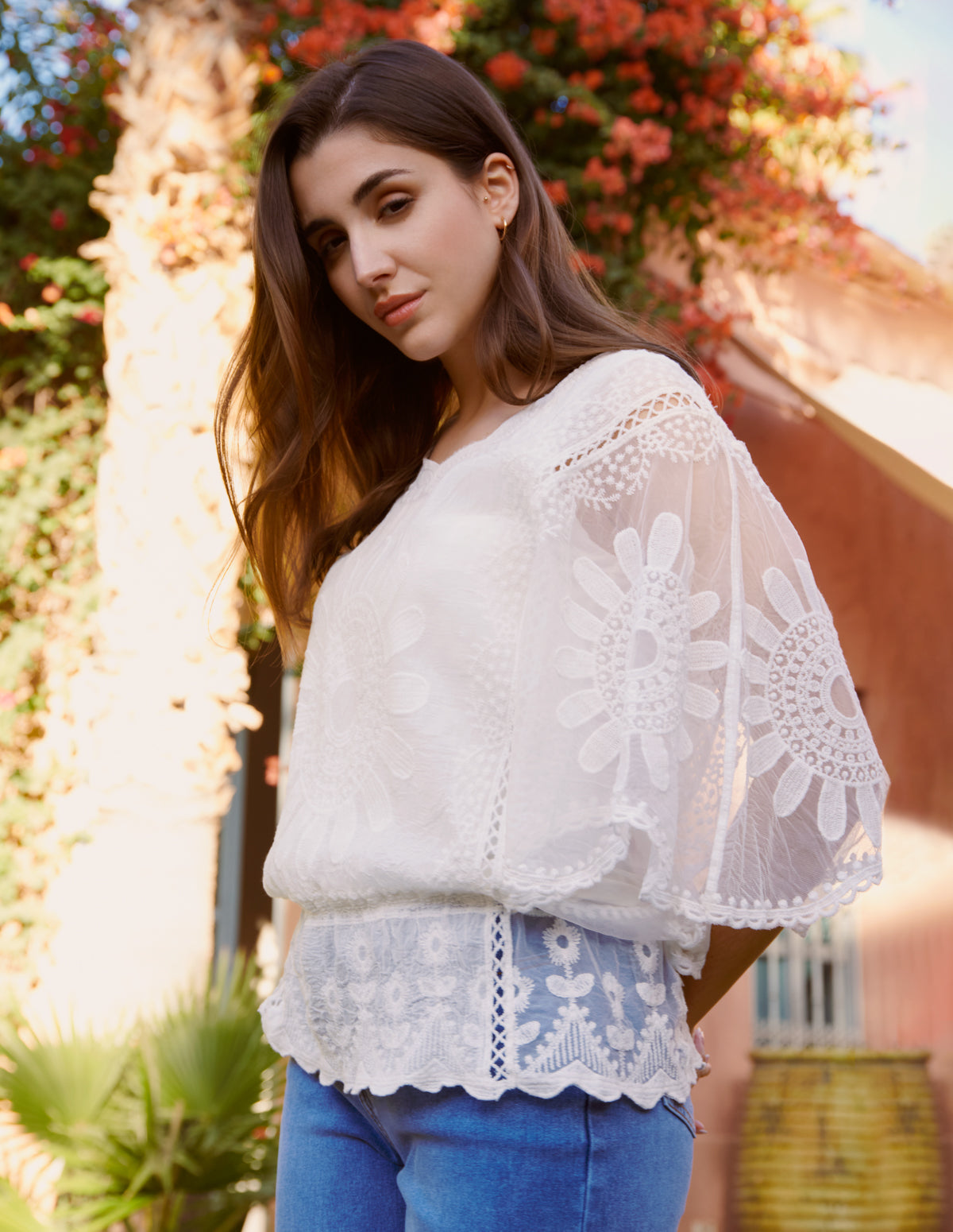 Ivory | Sun Flower Lace Sleeve Blouse | Blue Vanilla