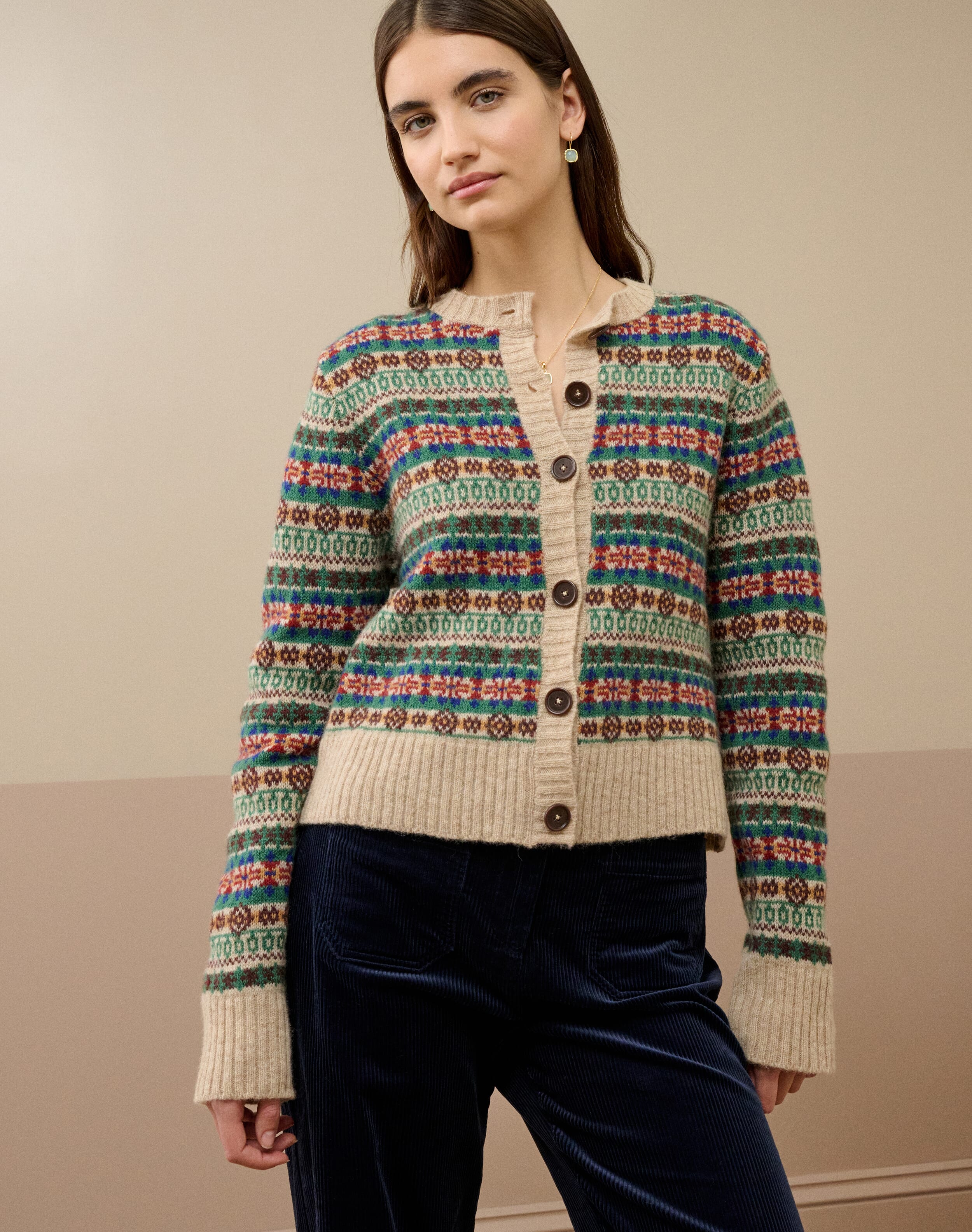 Merino Lambswool Fair Isle Cardigan in Sand | Brora Sale