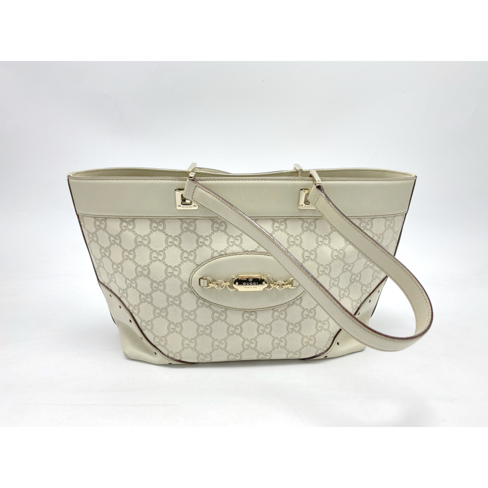 グッチ GGキャンバス トートバッグ 白×ベージュ レザー×キャンバス