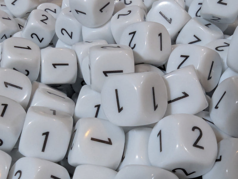 16mm Custom D6 Dice – Probability (1,1,1,2,2,2) – Black Print – Sold P