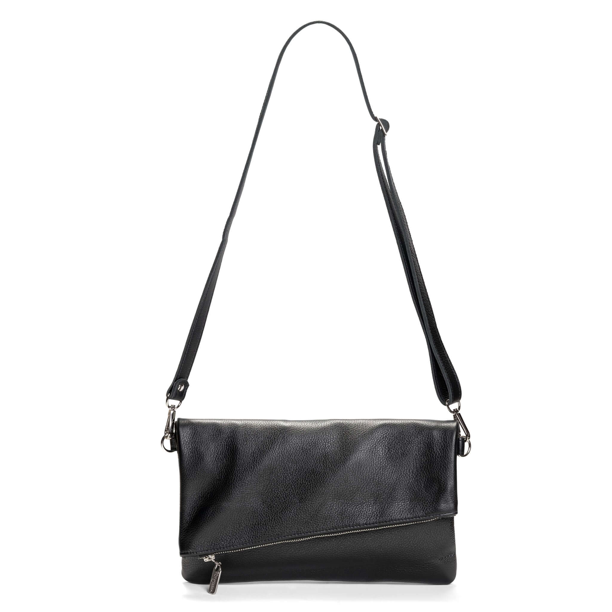 Black Italian Leather Foldover Crossbody Bag, Made in USA