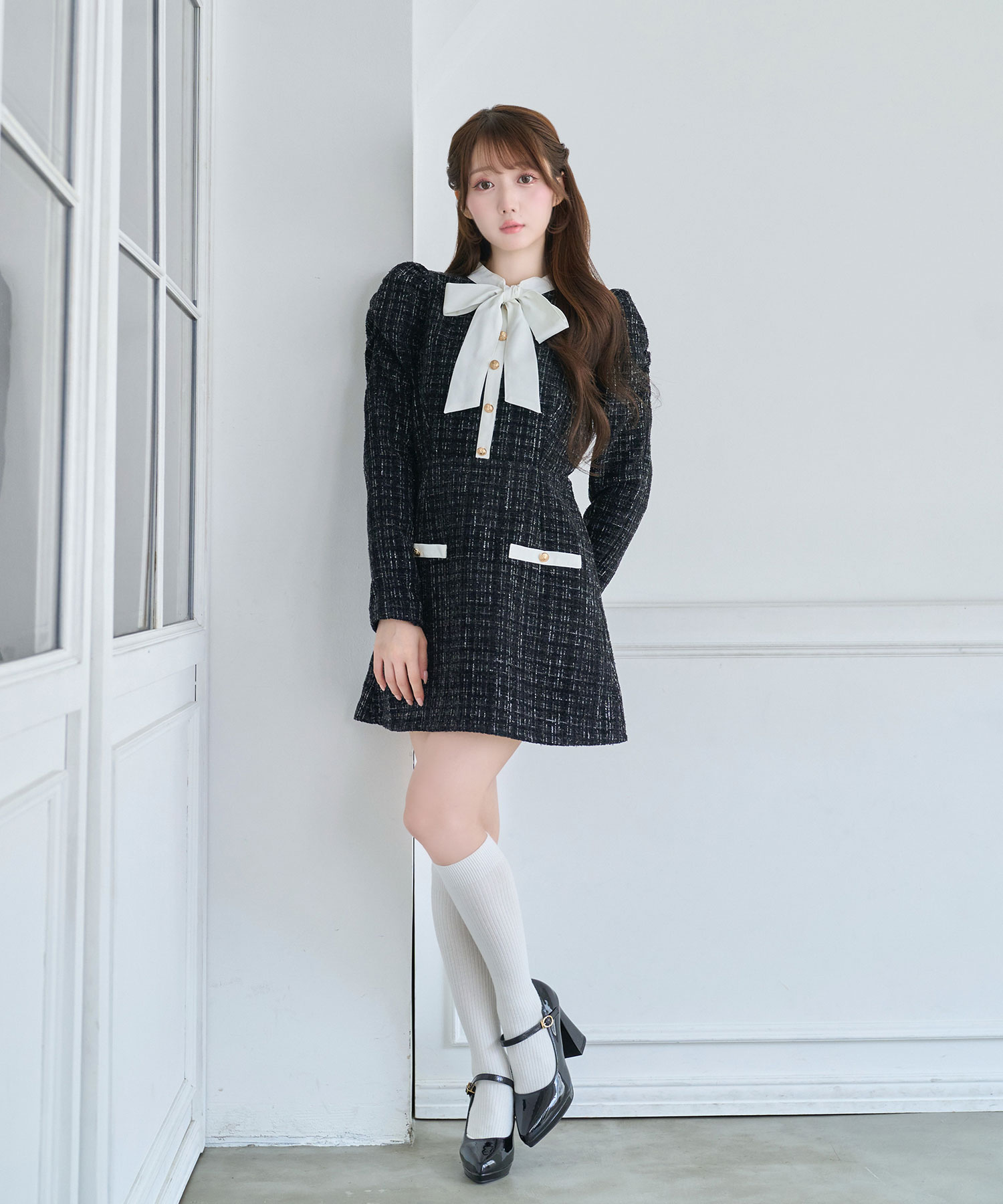 Ribbon tie tweed mini onepiece – BUNNY APARTMENT