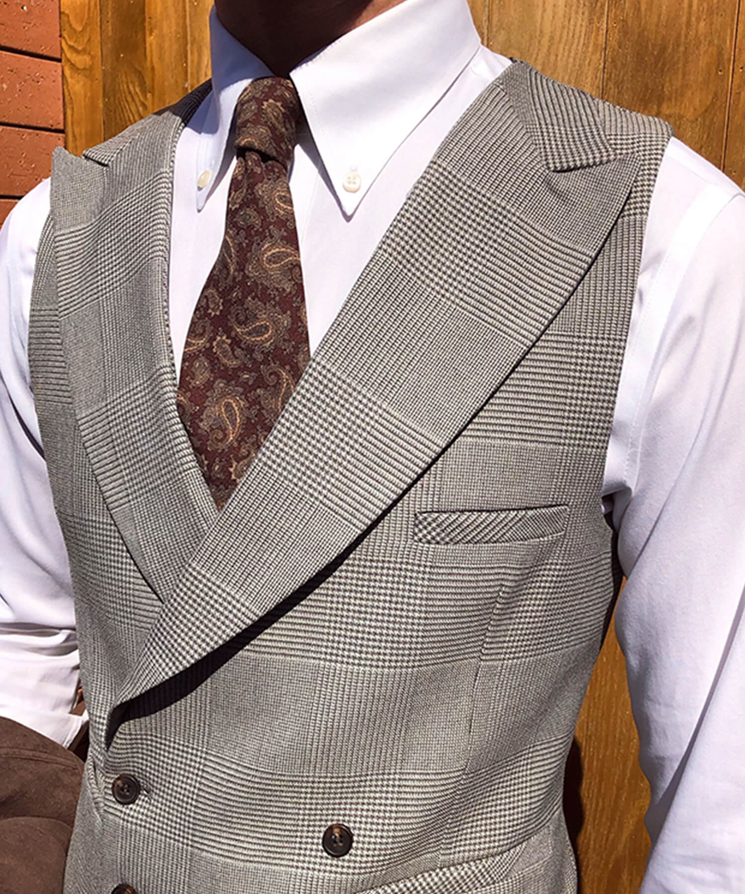 スリムフィット ダブルブレスト 6つボタン グレンチェック 柄 ピークド