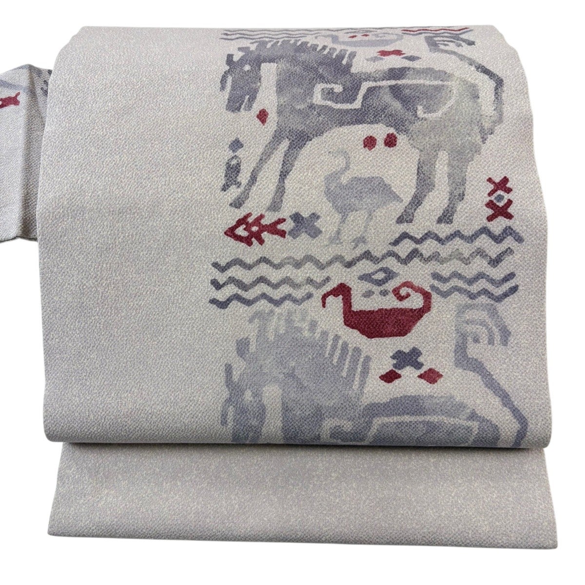 名古屋帯 秀品 馬 鳥 灰紫 正絹｜中古・古着・リサイクル着物通販