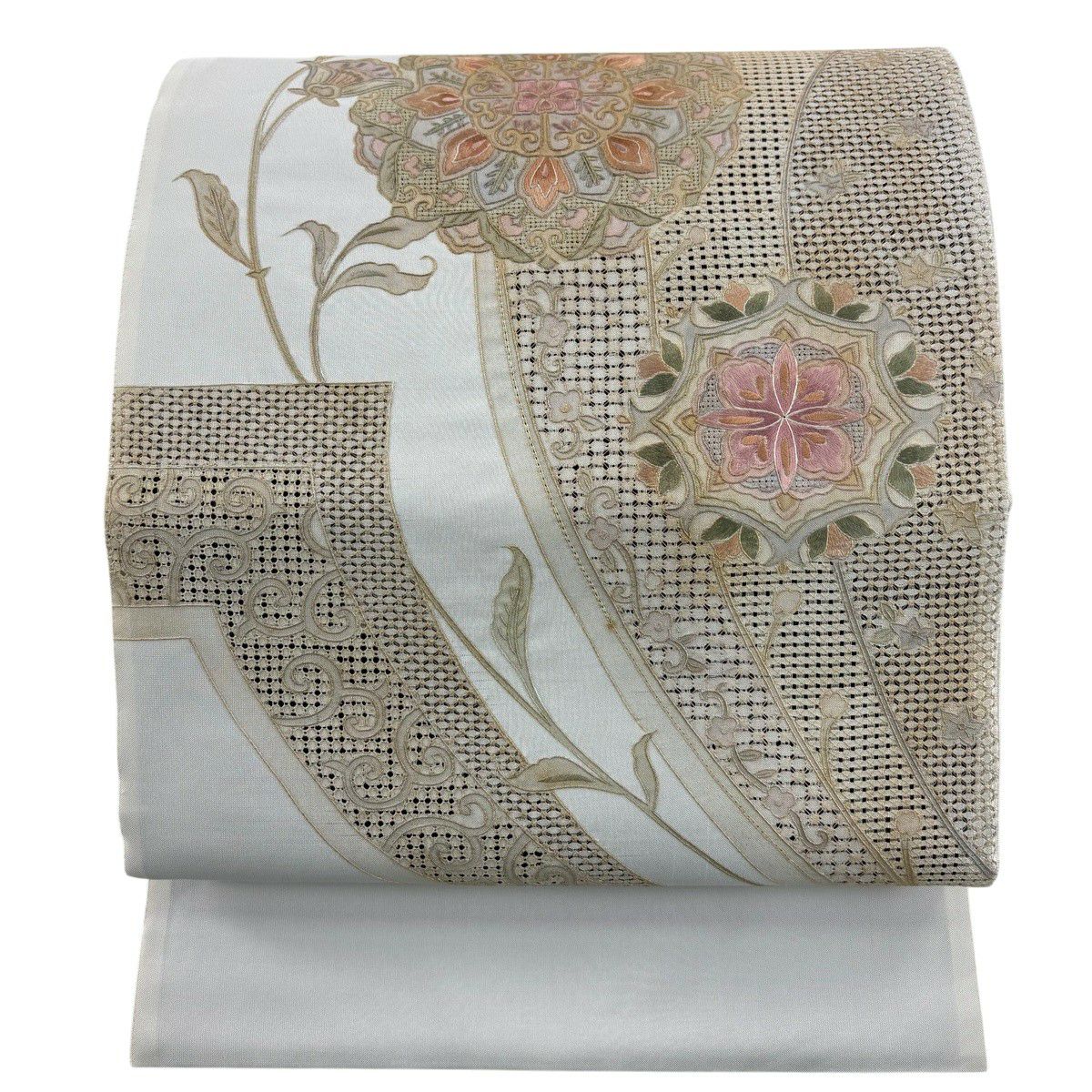 袋帯 名品 華文 花唐草 刺繍 金彩 灰白 お太鼓柄 正絹｜中古・古着
