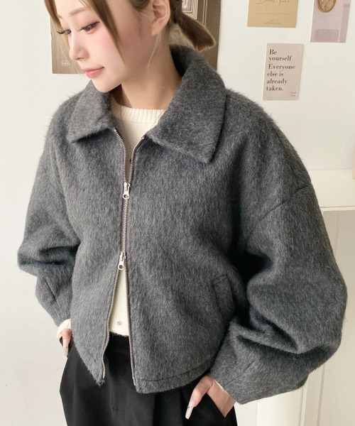 セール】Wファスナーボリュームスリーブシャギーショートブルゾン