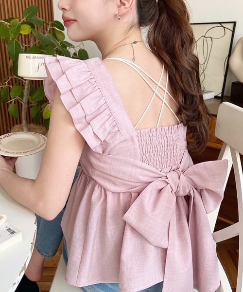 リボン付きピンクキャミソール ショルダーリボンキャミソール