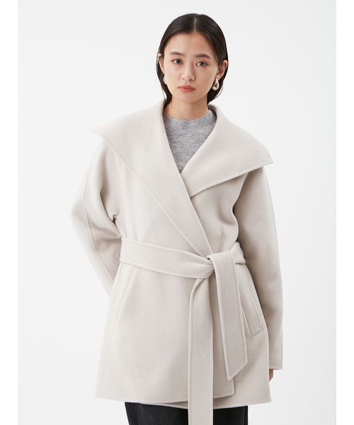 セール】共ベルト付きビックカラーミディ丈コート（ステンカラーコート
