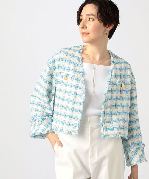 セール】バスケットツイードショートジャケット（ノーカラージャケット