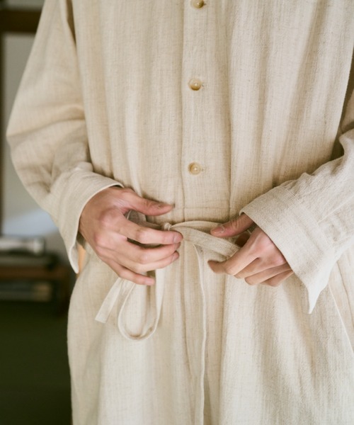 open collar cotton linen belted l/s jump suit / コットンリネン