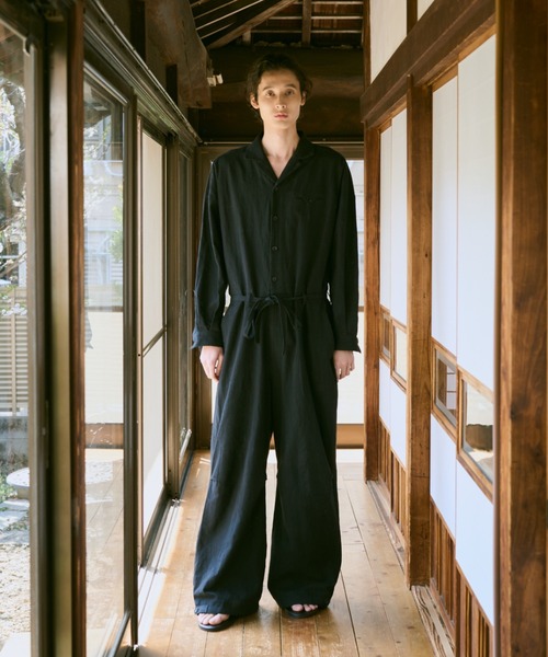 open collar cotton linen belted l/s jump suit / コットンリネン