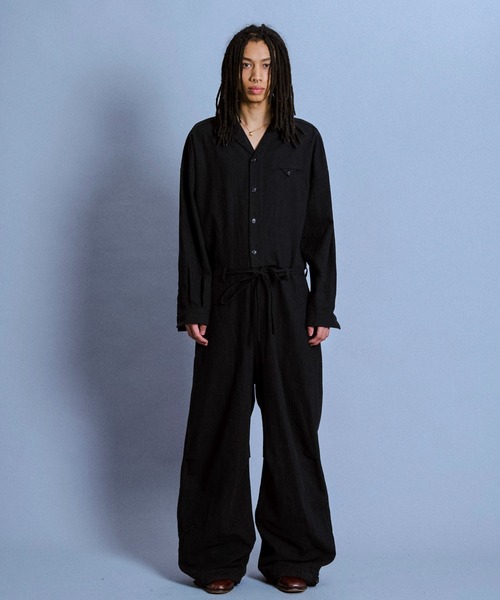 open collar cotton linen belted l/s jump suit / コットンリネン