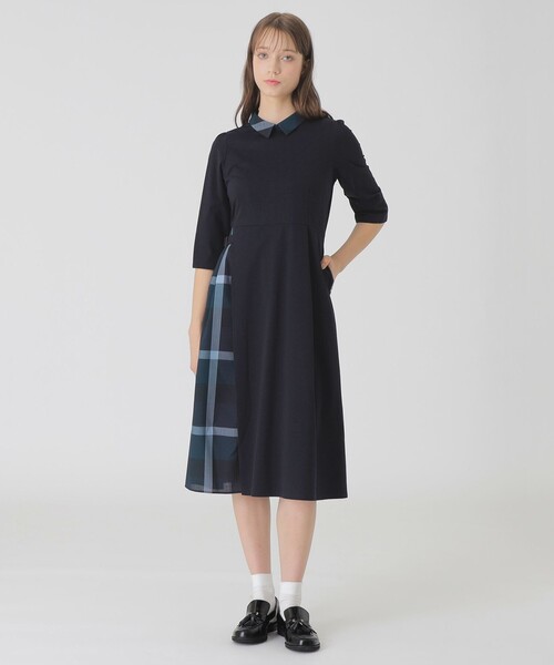 セール】ピマコットンプレーティング天竺パーシャルチェックドレス