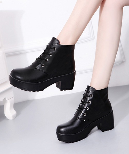 セール】レザー調厚底チャンキーヒールブーツ（ブーツ）｜Lace Ladies
