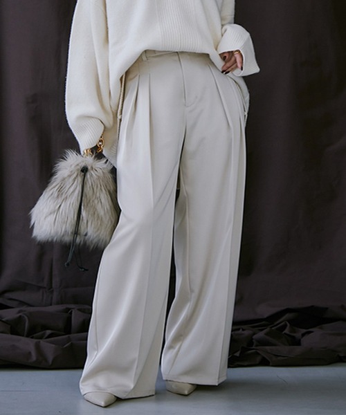 nagonstans ワイド タック パンツ ベージュ ドローストリング S