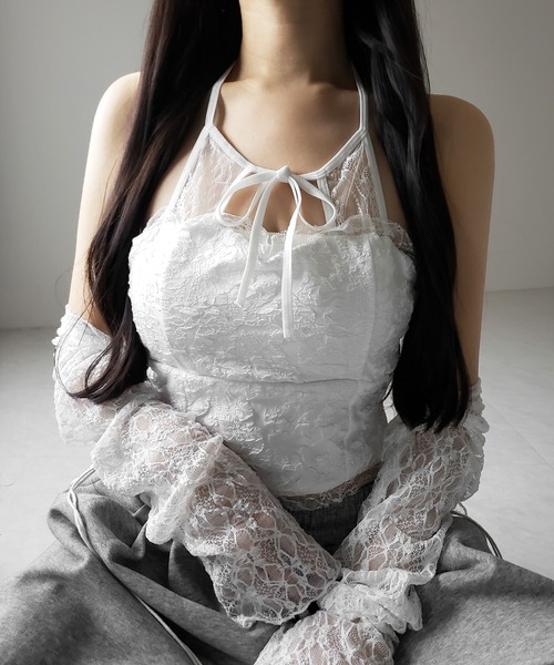 2color 】フロントリボンホルターレースキャミソール ／ front ribbon