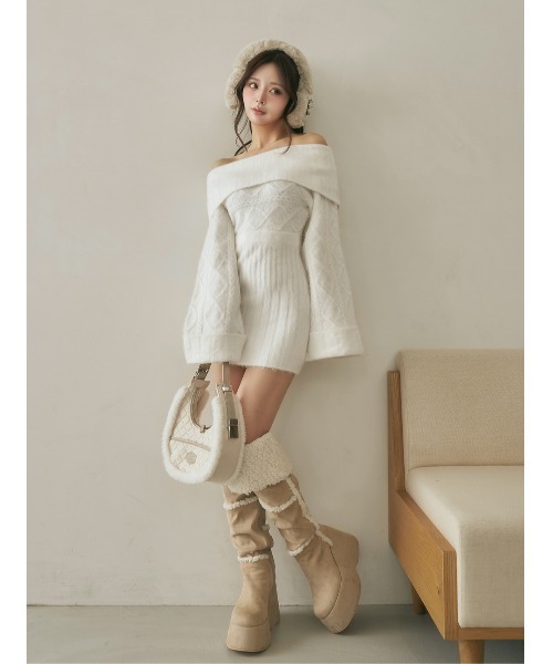 ヘアリーオフショルニットミニワンピース（ワンピース）｜Darich