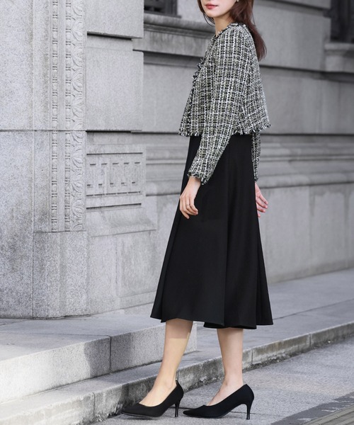 セール】ツイードノーカラージャケット フレアワンピース セットアップ