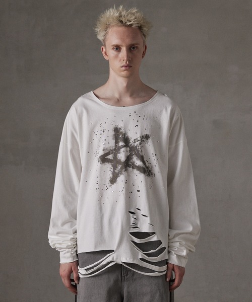 GRANCY】LinestoneDesign Graphic Damage LongTee / ラインストーン