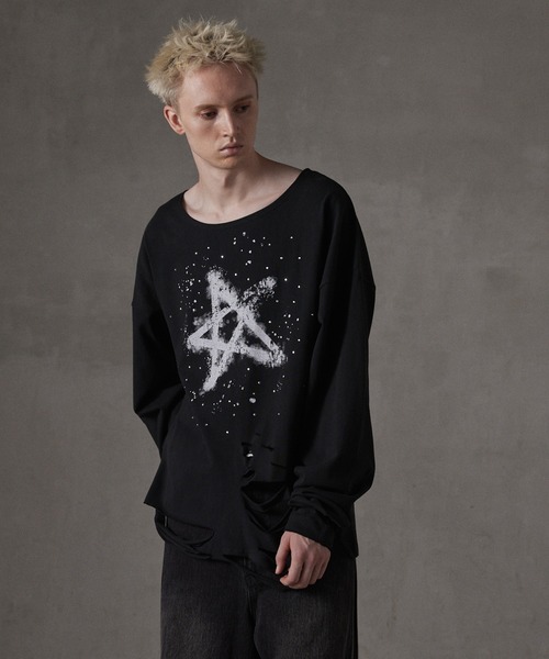 GRANCY】LinestoneDesign Graphic Damage LongTee / ラインストーン
