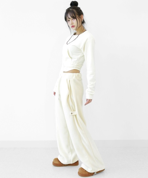 サイド シャーリングクロップトップス クロップド トップス長袖