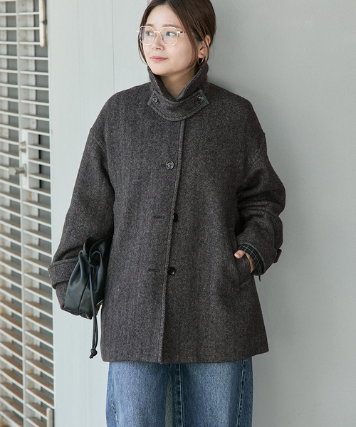 セール】MANTECO ヘリンボン フレアバルカラーコート（ステンカラー