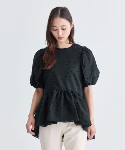 ツルバイオイカワマリコ ドット柄 黒 長袖シャツ ツルバイオイカワ