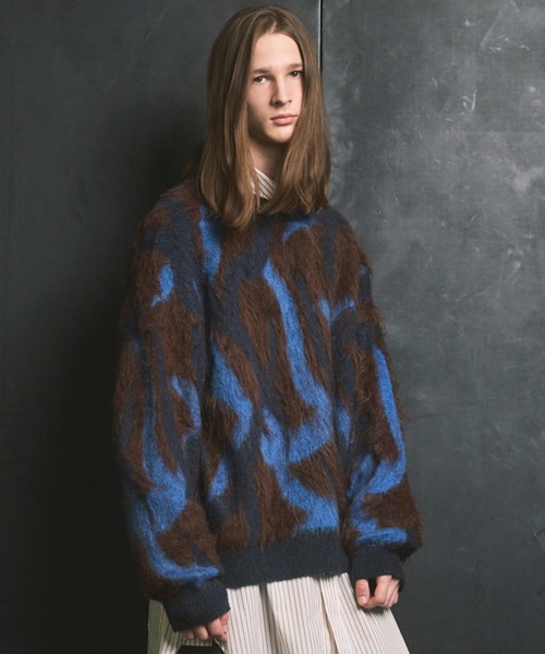 UNISEX》Tribal Pattern Mohair Shaggy Prime-Over Knit Pullover