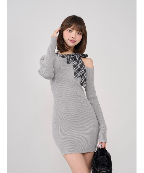 チェックリボンワンショルニットミニワンピース（ワンピース）｜Darich