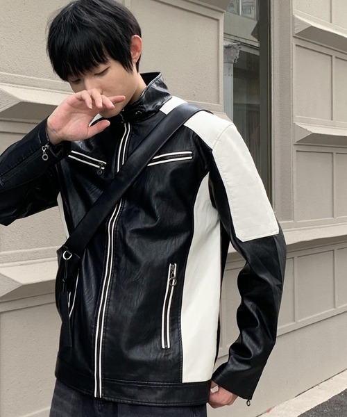 セール】春服 ツートン切替 レーシングデザイン 合成皮革 フェイク