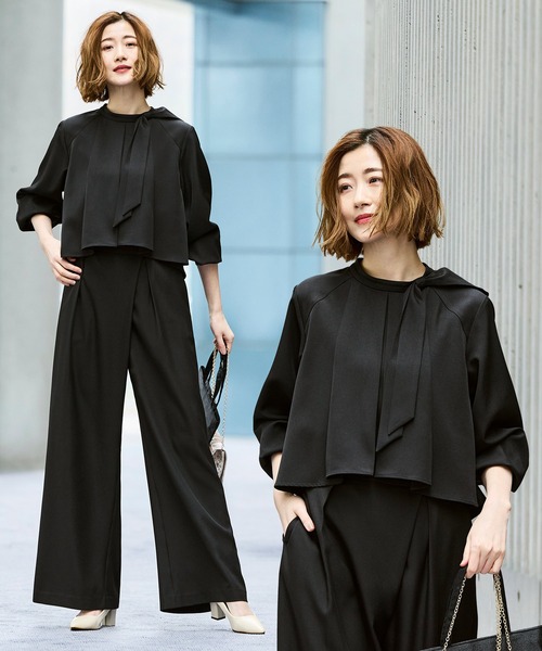ストレッチ ｜ ケープ リボン ラップワイドパンツ セットアップ