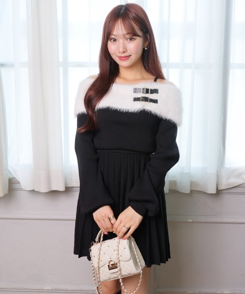 セール】フェザーオフショルプリーツニットワンピース（ワンピース