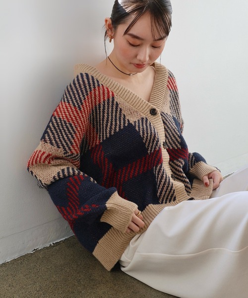 セール】モヘヤライクチェックジャガード長袖ニットカーディガン